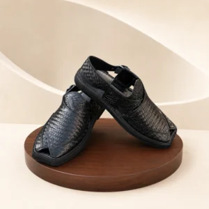 Royal Black Woven Peshawari Chappal